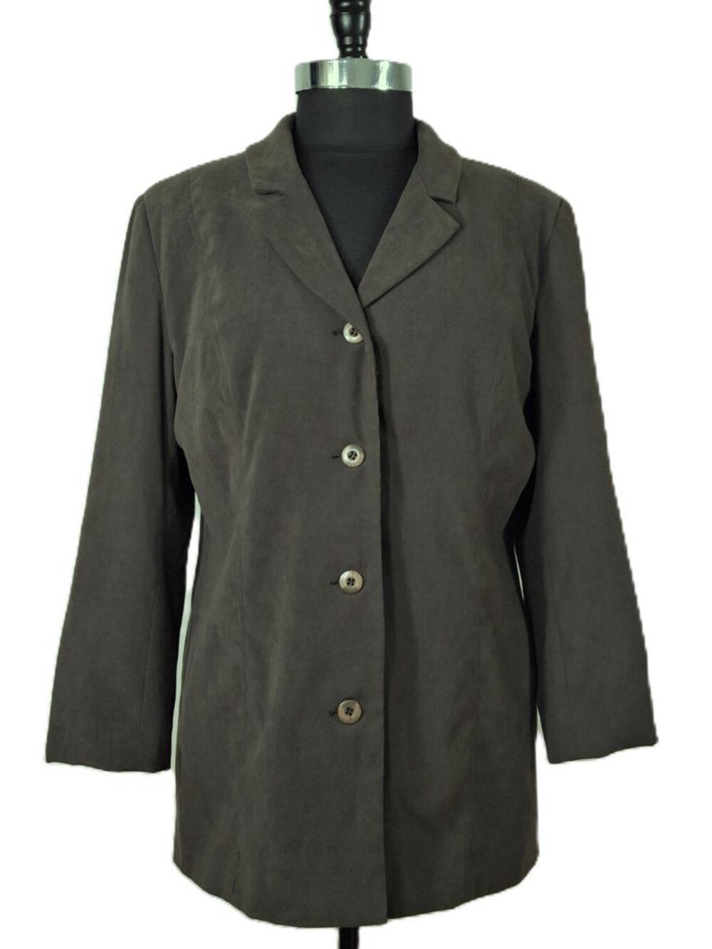 Jessica Petites Sz 12P Long Sueded Olive Green Jacket Blazer 4 Button FullyLined